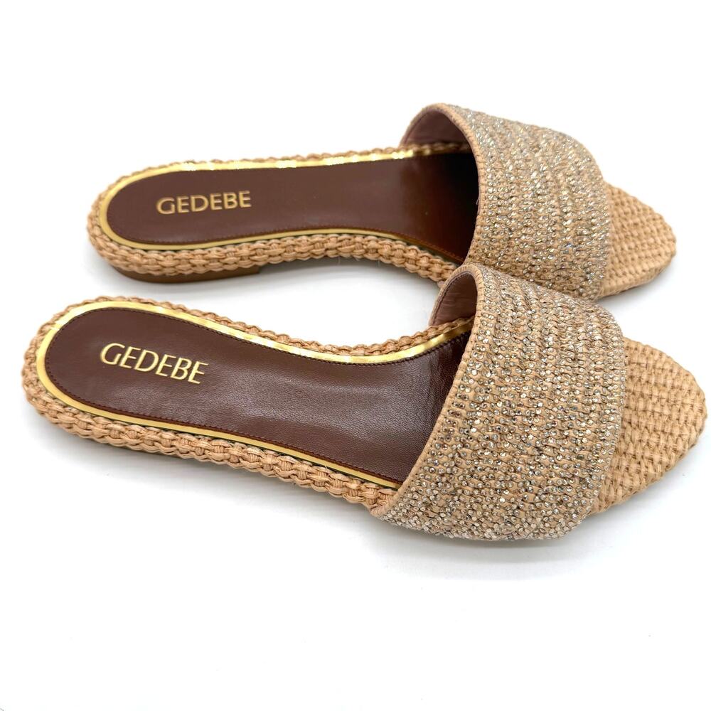 Gedebe Cassis Woven Slide Sandals Natural Rafia Rhinestone Glam Italy 39 US 9